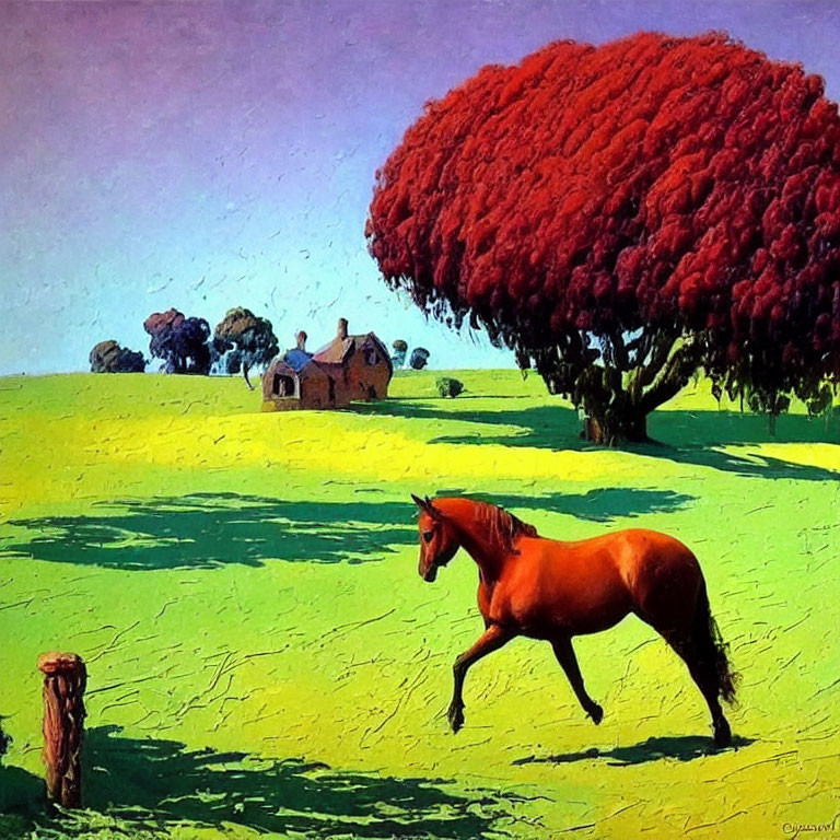 Colorful painting: Chestnut horse in sunlit field with red tree and cottage