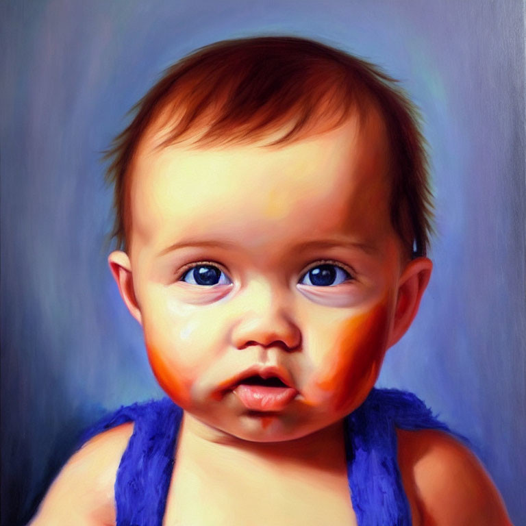 Baby portrait with big blue eyes and subtle smile in blue top