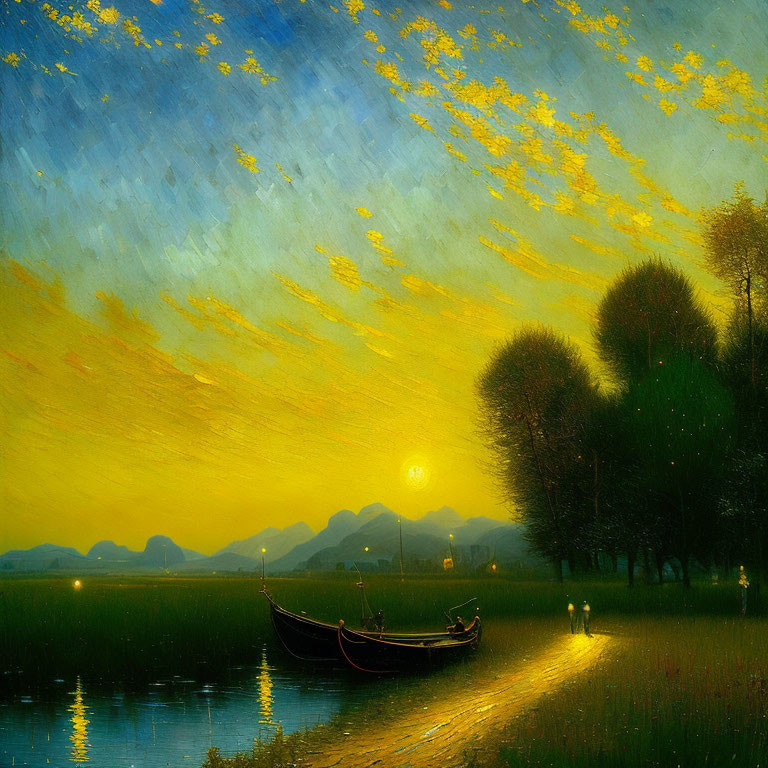 Tranquil sunset scene with boat, golden clouds, trees, and mountain silhouette