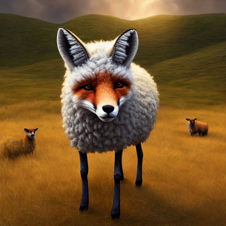 Digital artwork: Fox head on sheep body in grassy field with two sheep