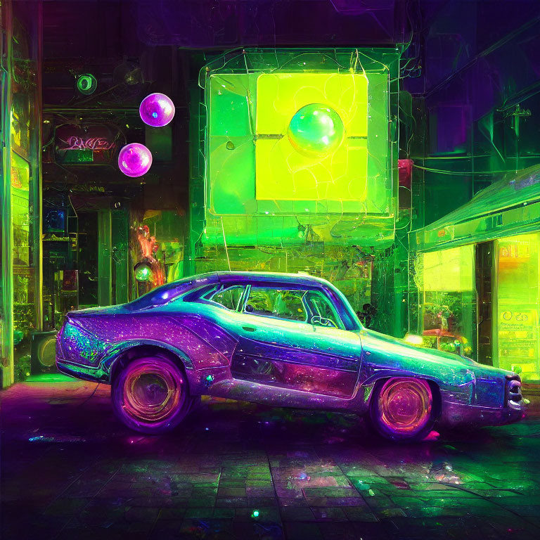 Colorful neon-lit street scene with classic car and graffiti art