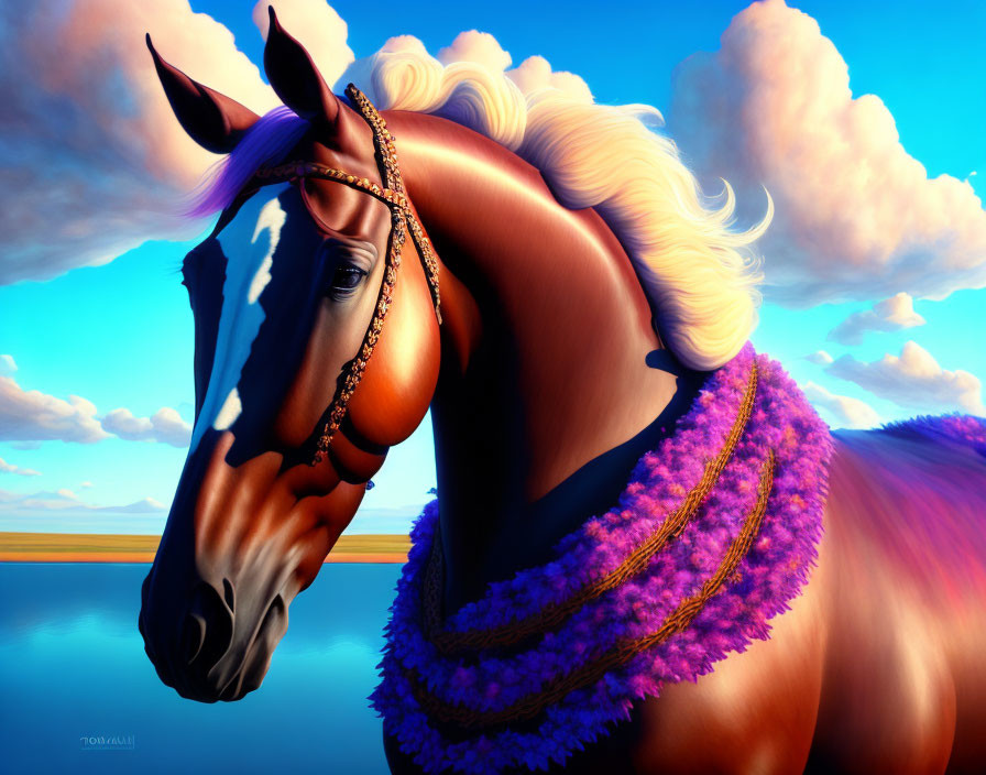 Majestic horse with blonde mane and beaded bridle in blue sky.