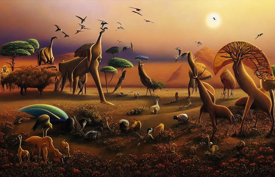 Colorful artwork: Diverse stylized animals in surreal landscape