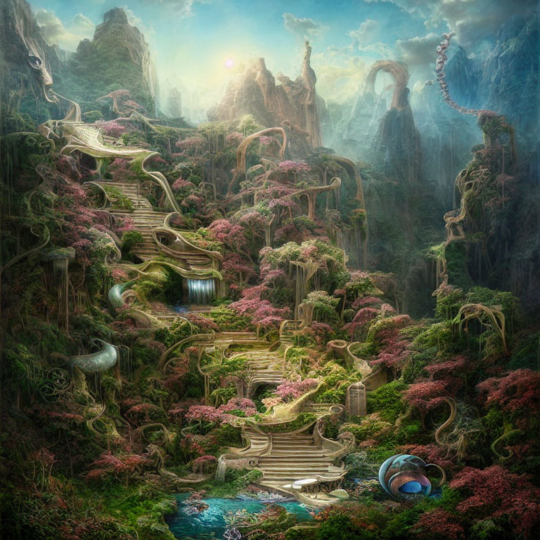 Mystical forest with pink foliage, waterfalls, ancient stairs, and floating dragon creature