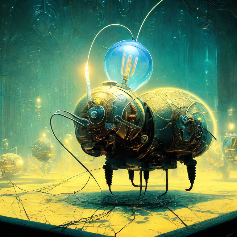 Futuristic mechanical insects in illuminated chamber