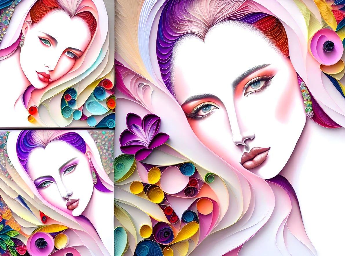 Colorful Stylized Woman Illustration with Swirling Hair & Decorative Elements