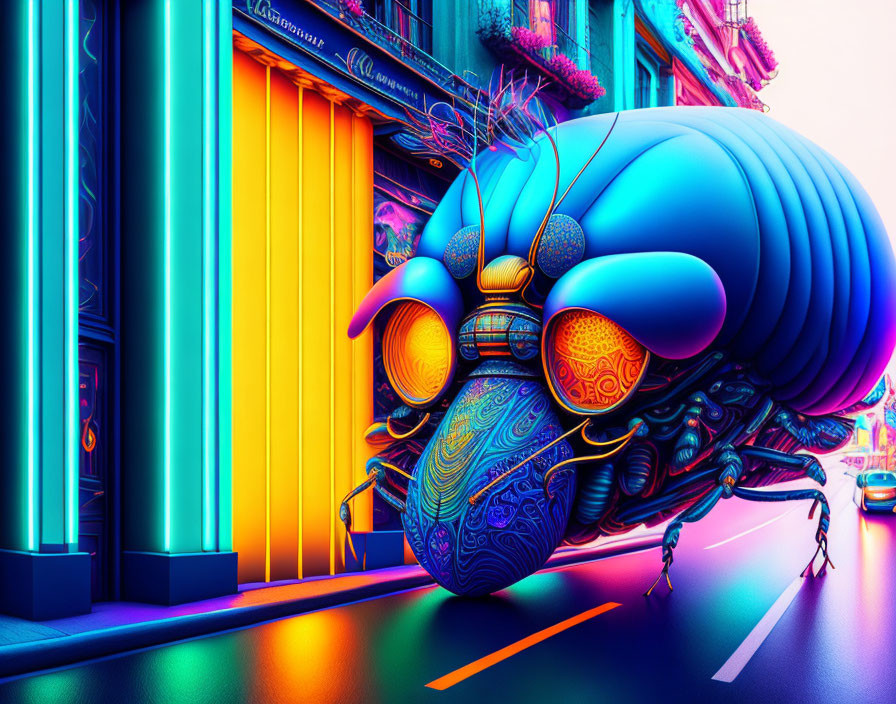 Colorful Digital Art: Stylized Oversized Beetle in Neon-lit Urban Setting