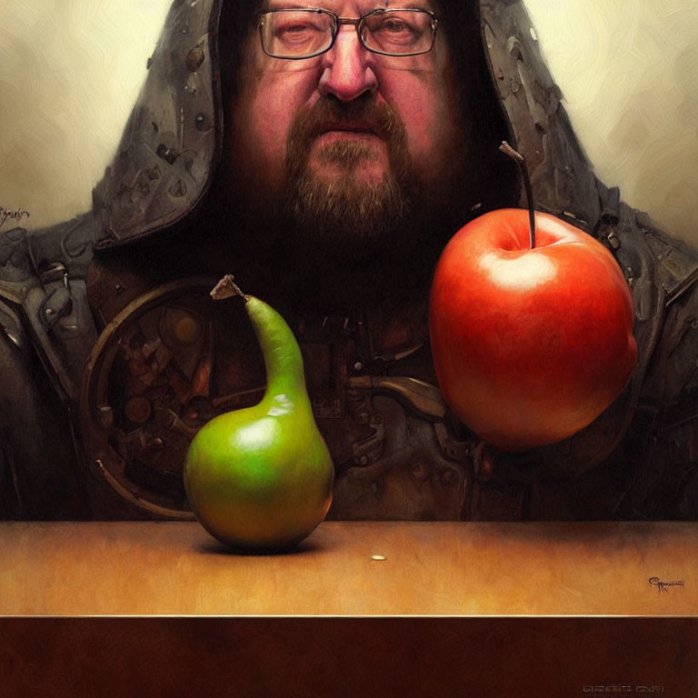 Medieval armored man with fruit on table in soft-focus background