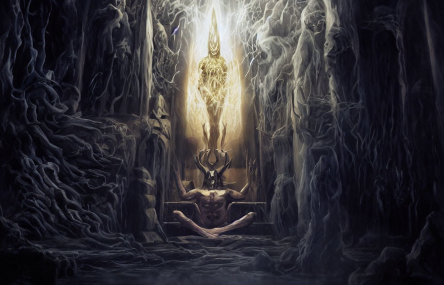 Dark Cave Fantasy Artwork with Mystical Figure and Twisted Roots