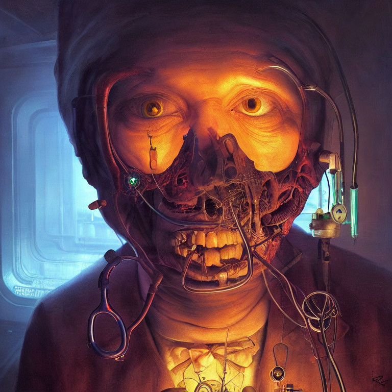 Surreal digital artwork: Figure with exposed skull, tech enhancements, human eye