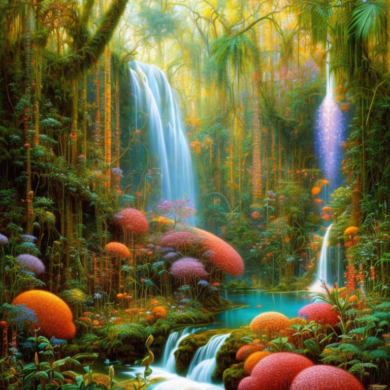 Colorful Mushrooms and Waterfalls in Fantasy Forest