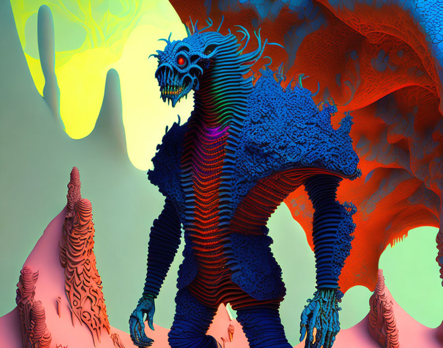 Colorful surreal creature in psychedelic environment with dragon-like head