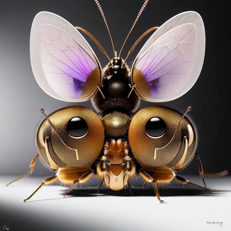 Detailed close-up illustration of a stylized bee with expressive eyes and purple-tinged translucent wings