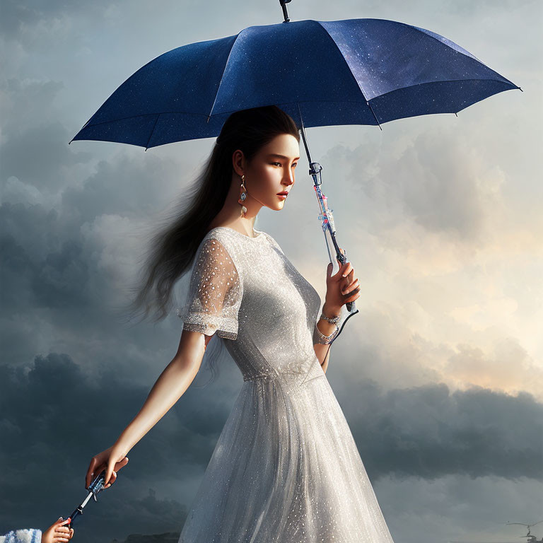 Woman in white dress with umbrella against dramatic cloudy sky