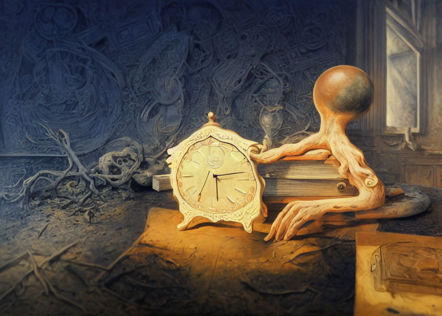 Surreal painting featuring clock with tentacles and books on intricate backdrop