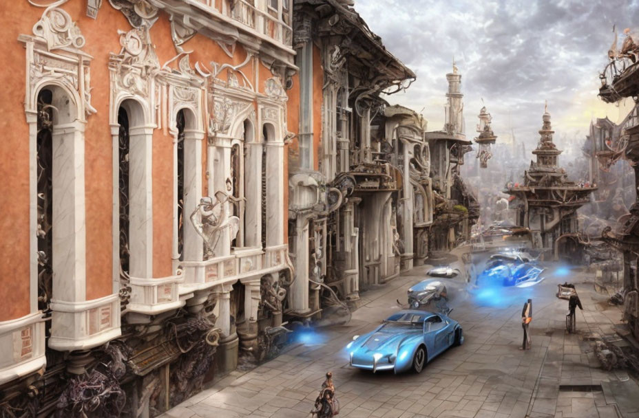 Futuristic city with classical architecture, floating vehicles, and advanced structures