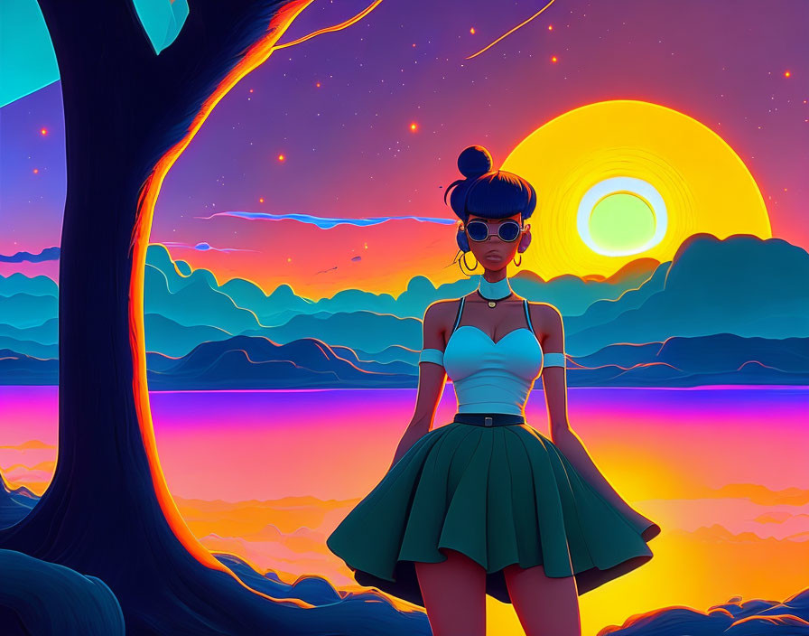 Illustration of woman with bun and sunglasses against colorful sunset