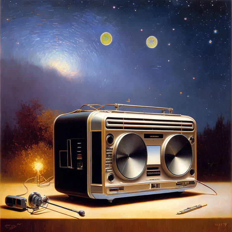 Vintage Portable Radio, Headphones, Pen on Surface under Starry Night Sky with Planets