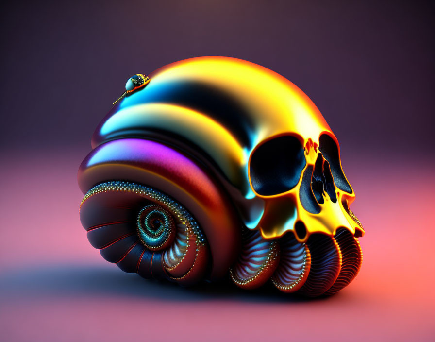 Skull and snail shell blend with vibrant gradients and intricate patterns