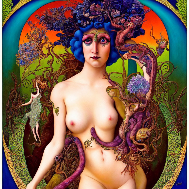 Colorful artwork of bare-chested female with blue hair and nature motifs in surreal setting