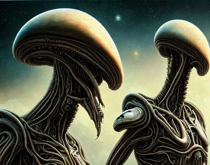 Detailed alien creatures with mushroom-shaped heads in space.