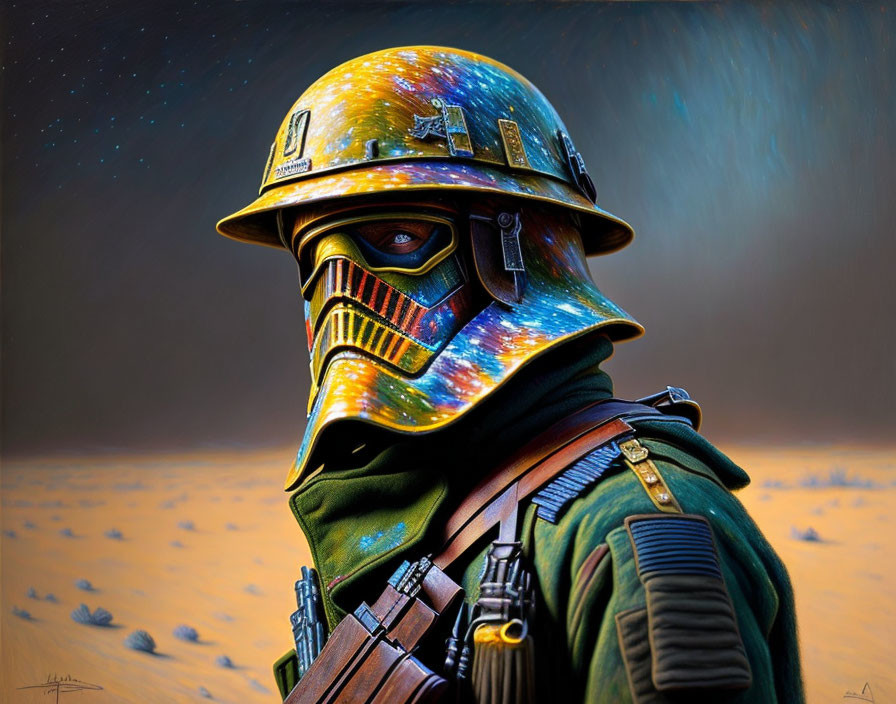 Colorful Cosmic Patterns on Digital Soldier in Helmet and Mask