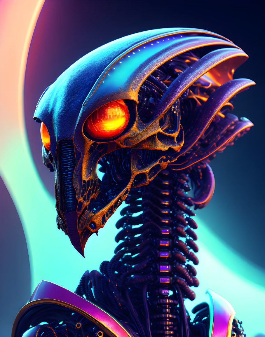 Stylized metallic skull with glowing orange eyes on neon-lit gradient background