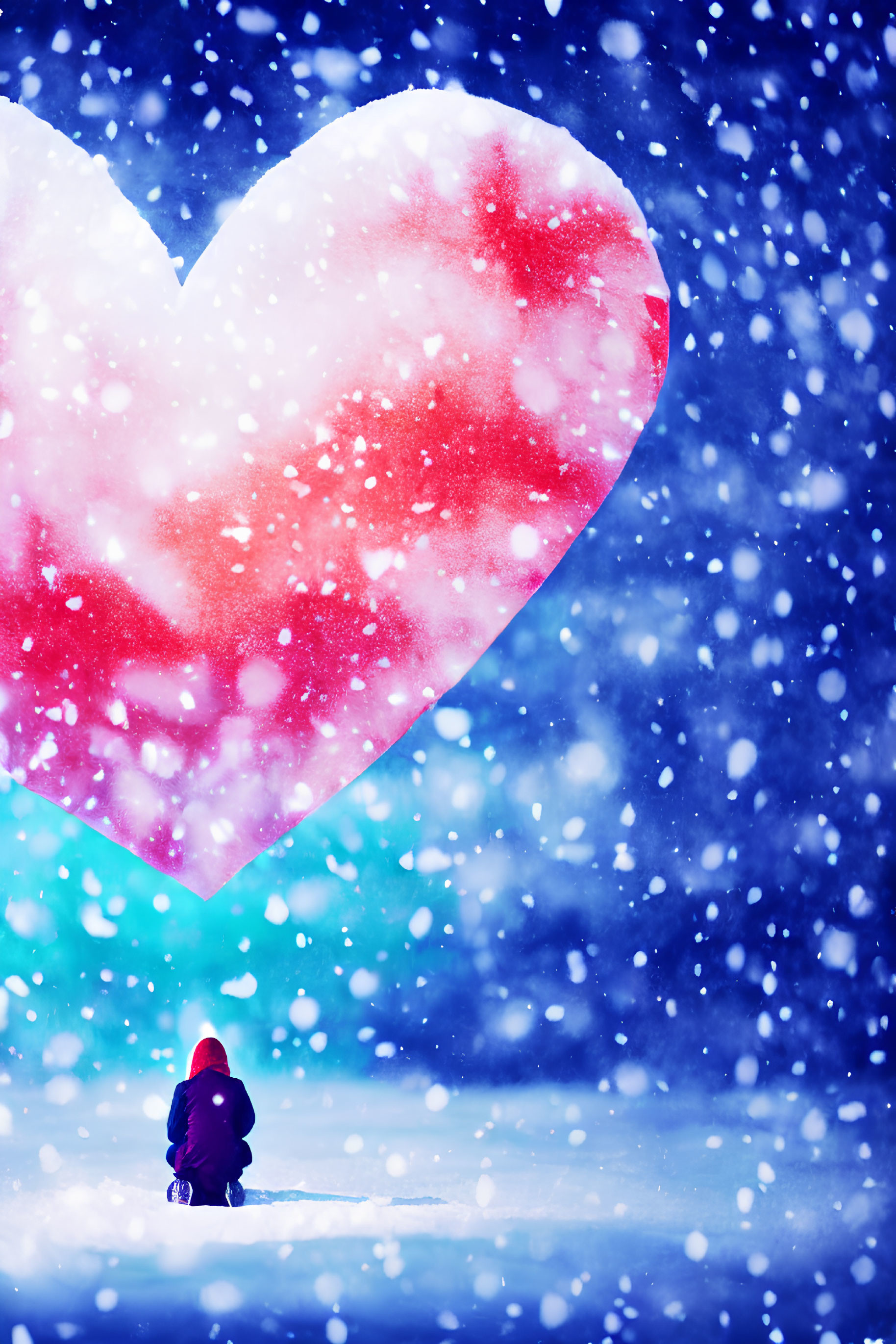 Person in Red Hooded Jacket Contemplating Heart and Snowflakes