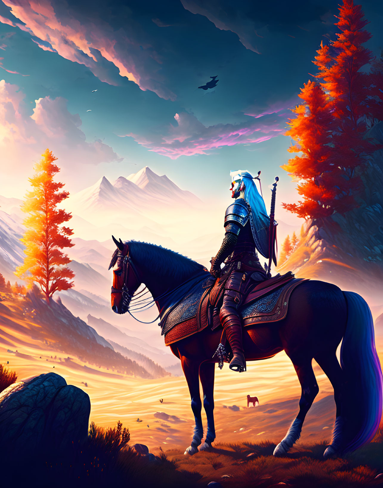 Black-armored knight on horse with blue cloak in mountain landscape at sunset