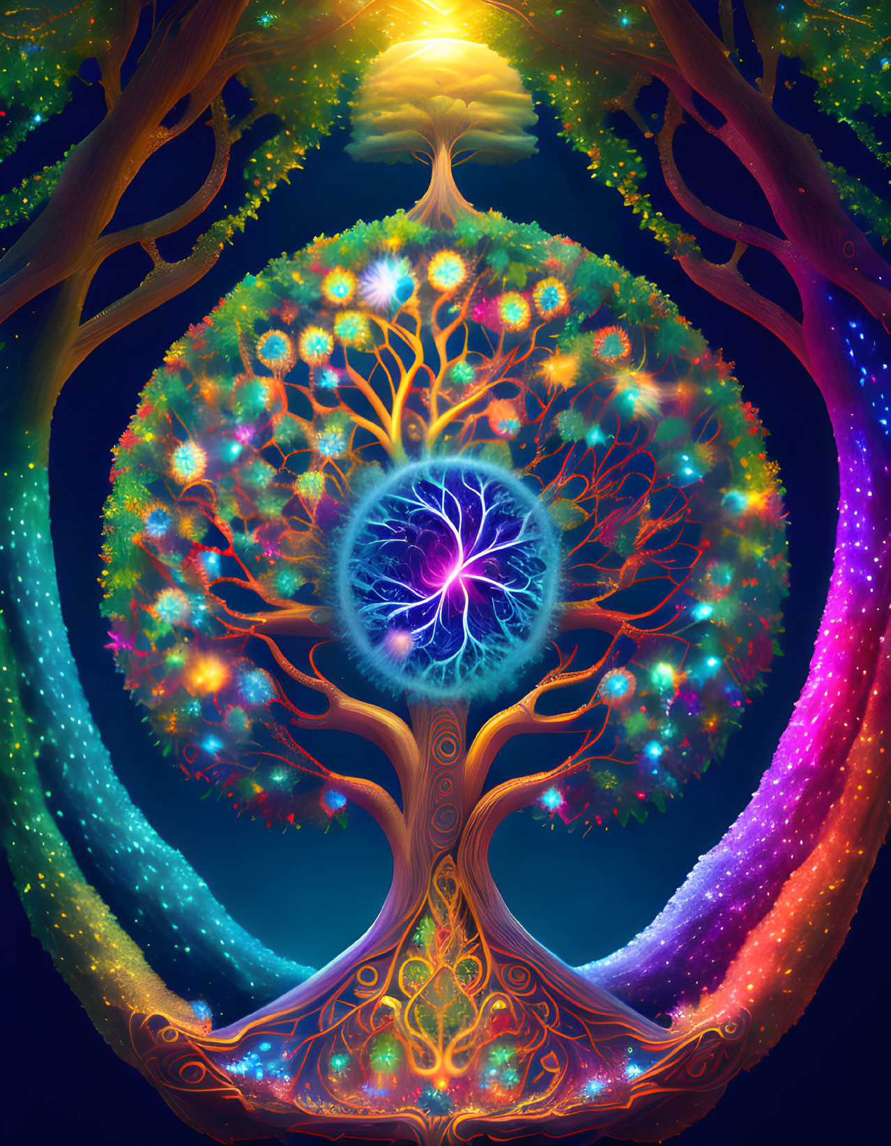 Colorful mystical tree digital artwork with glowing branches and tree of life motif