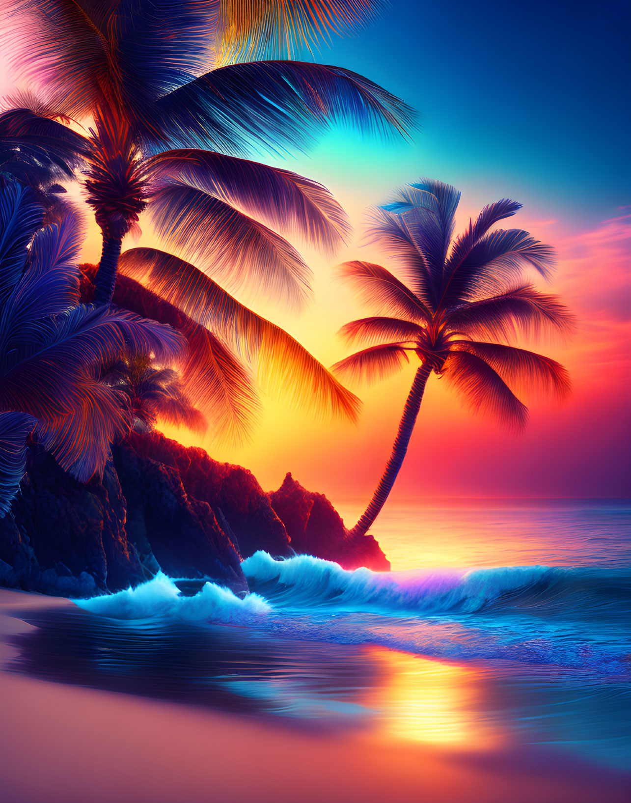 Colorful Sunset Beach Scene with Silhouetted Palm Trees & Rocky Outcrops