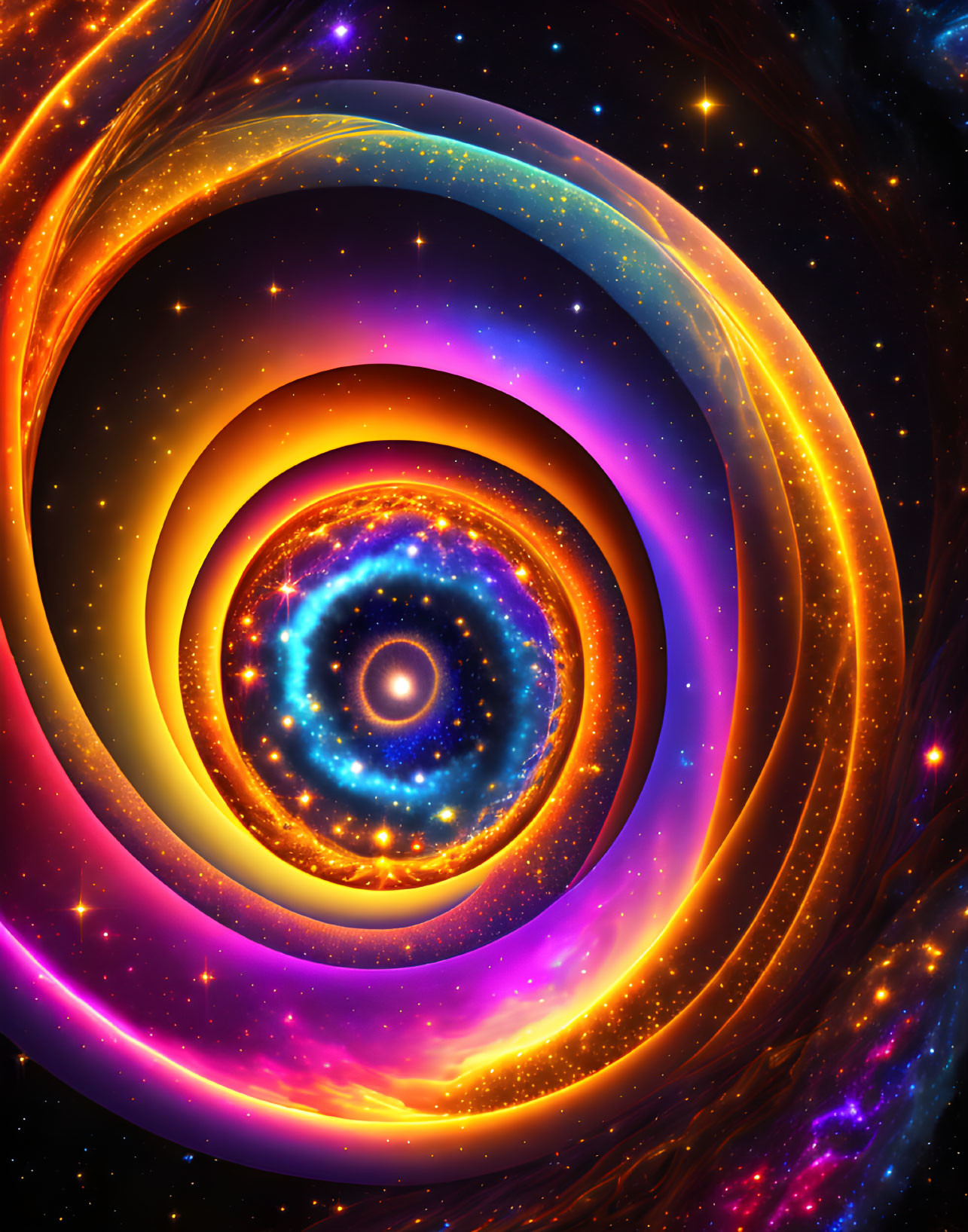 Colorful Spiral Galaxy Artwork with Warm Yellows, Oranges, and Cool Blues