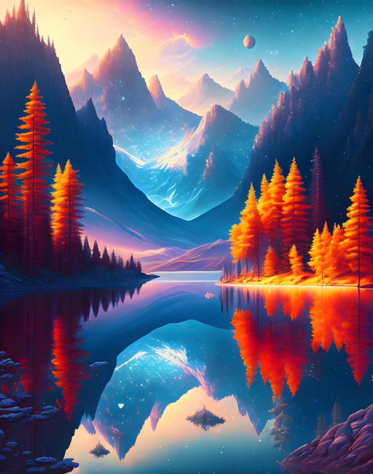 Digital artwork: Autumn mountain landscape with orange trees, serene lake, starry sky, and planet