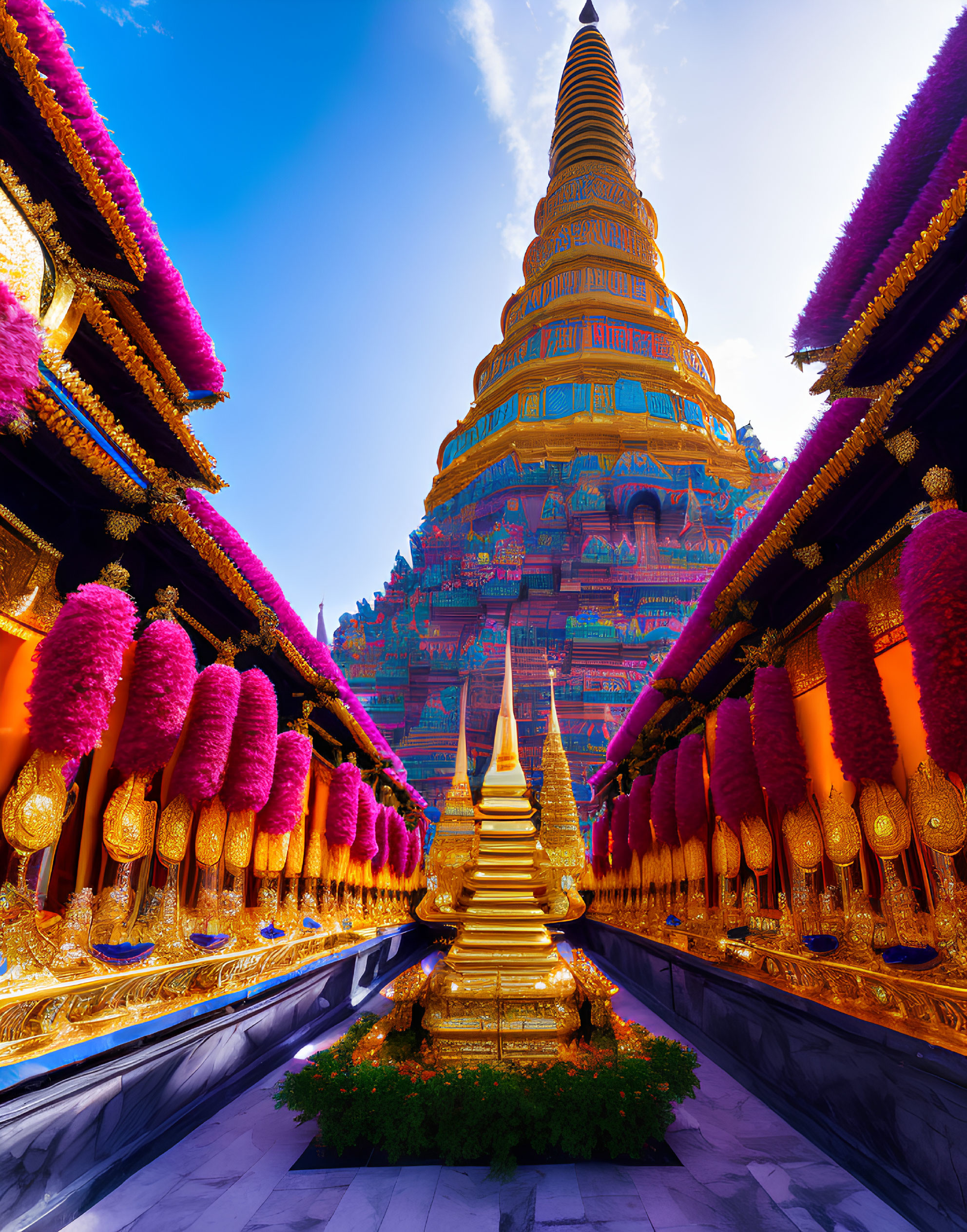 Golden Pagoda with Ornate Details Surrounded by Purple and Gold Decorations