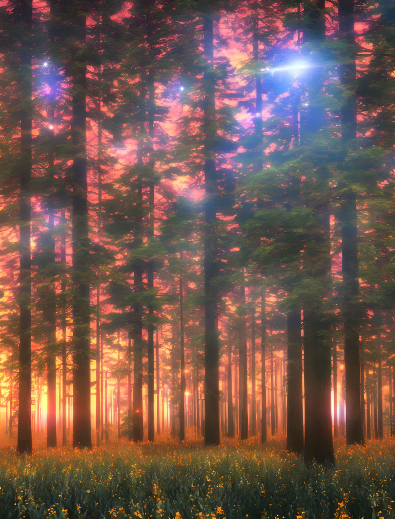 Tranquil forest scene with tall trees and sunlight filtering through foliage