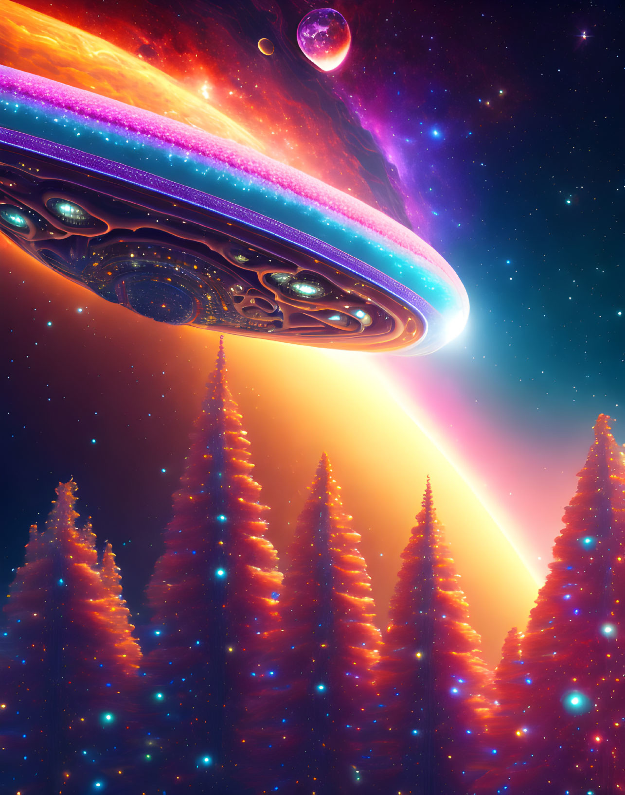 Detailed Alien Spaceship in Colorful Space Scene with Rings Planet & Starry Sky