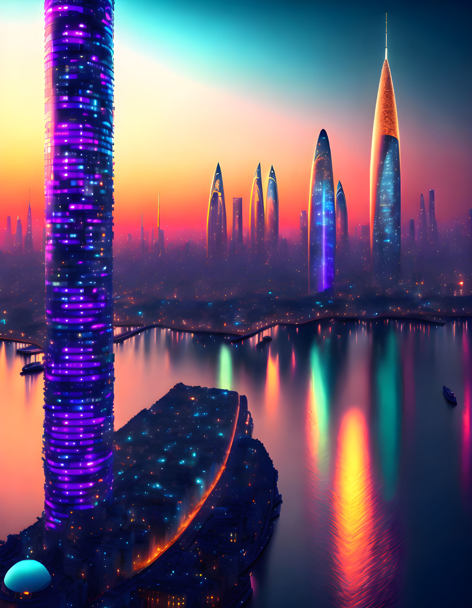 Futuristic cityscape at dusk with neon-lit skyscrapers