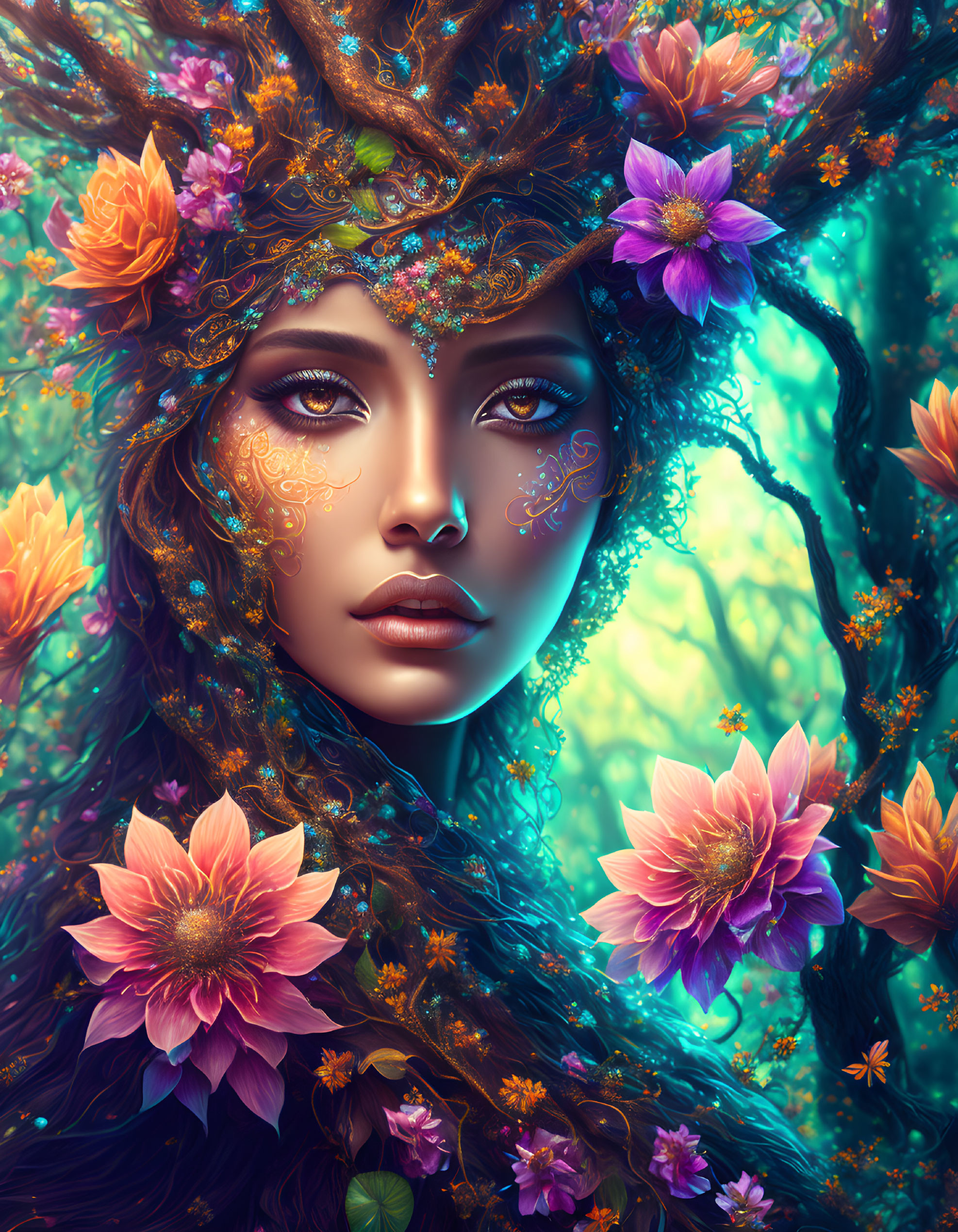 Woman with tree-like features surrounded by vibrant flowers and leaves in mystical forest.