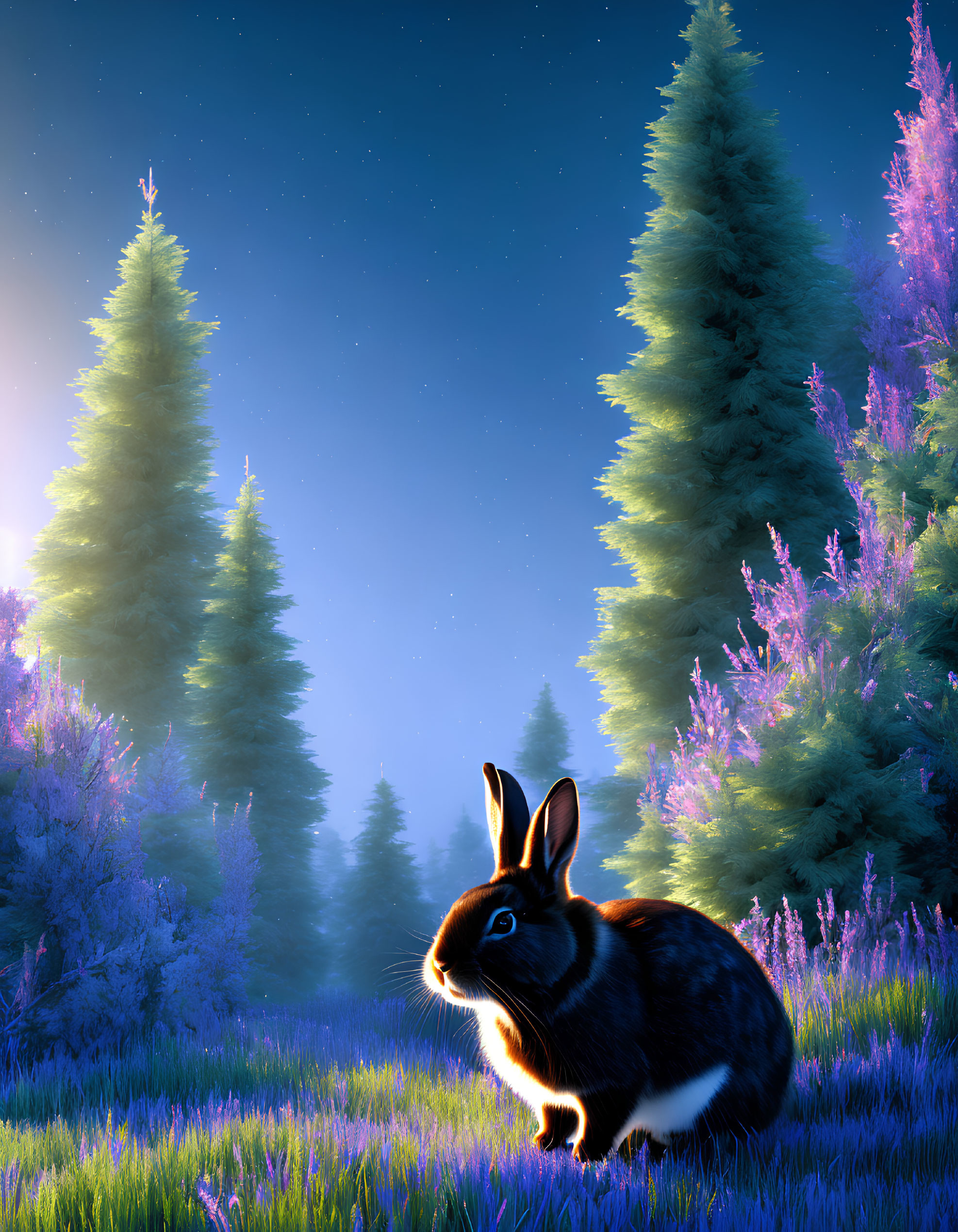 Moonlit Field with Rabbit Surrounded by Trees and Purple Flowers