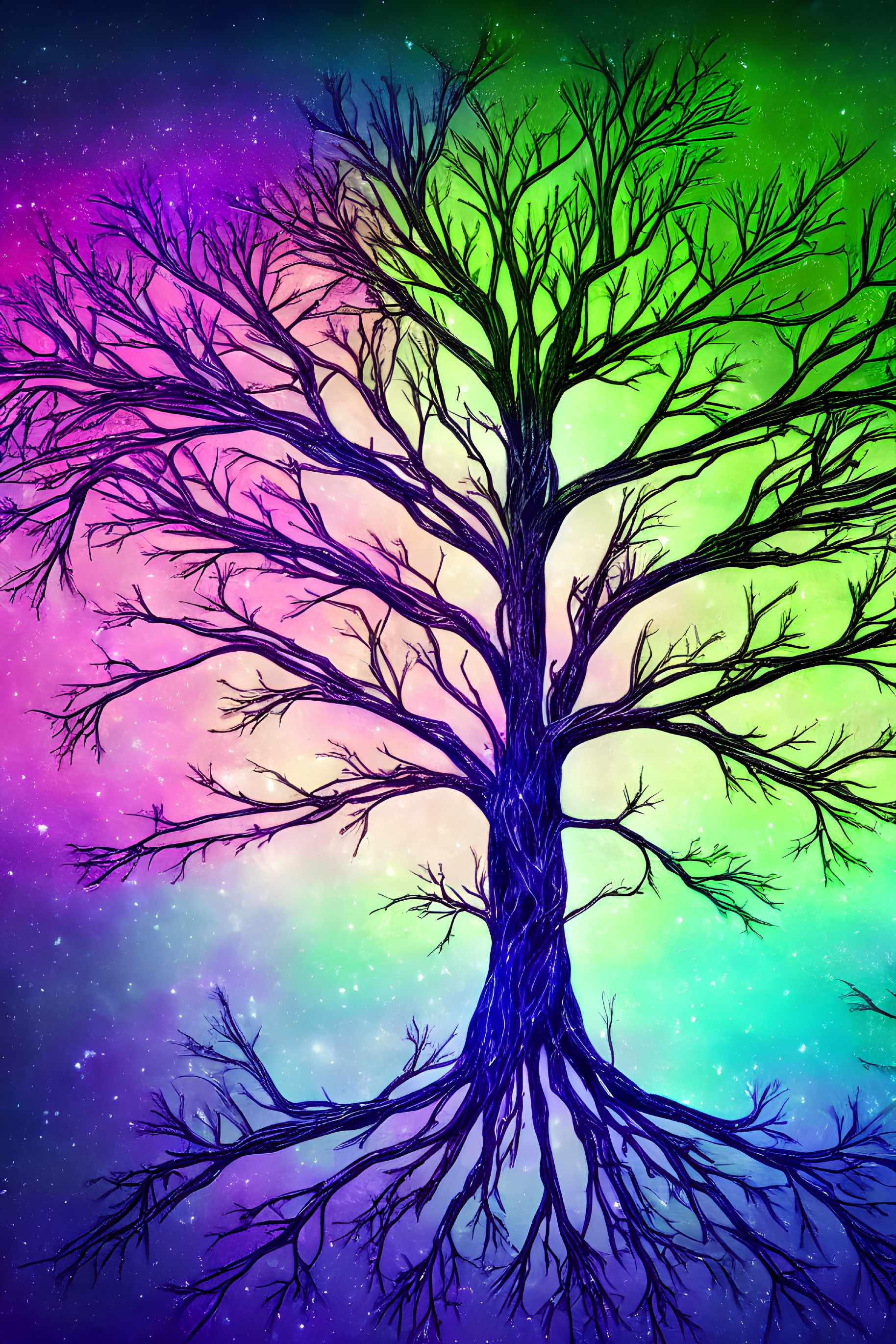 Detailed Tree Illustration on Colorful Cosmic Background