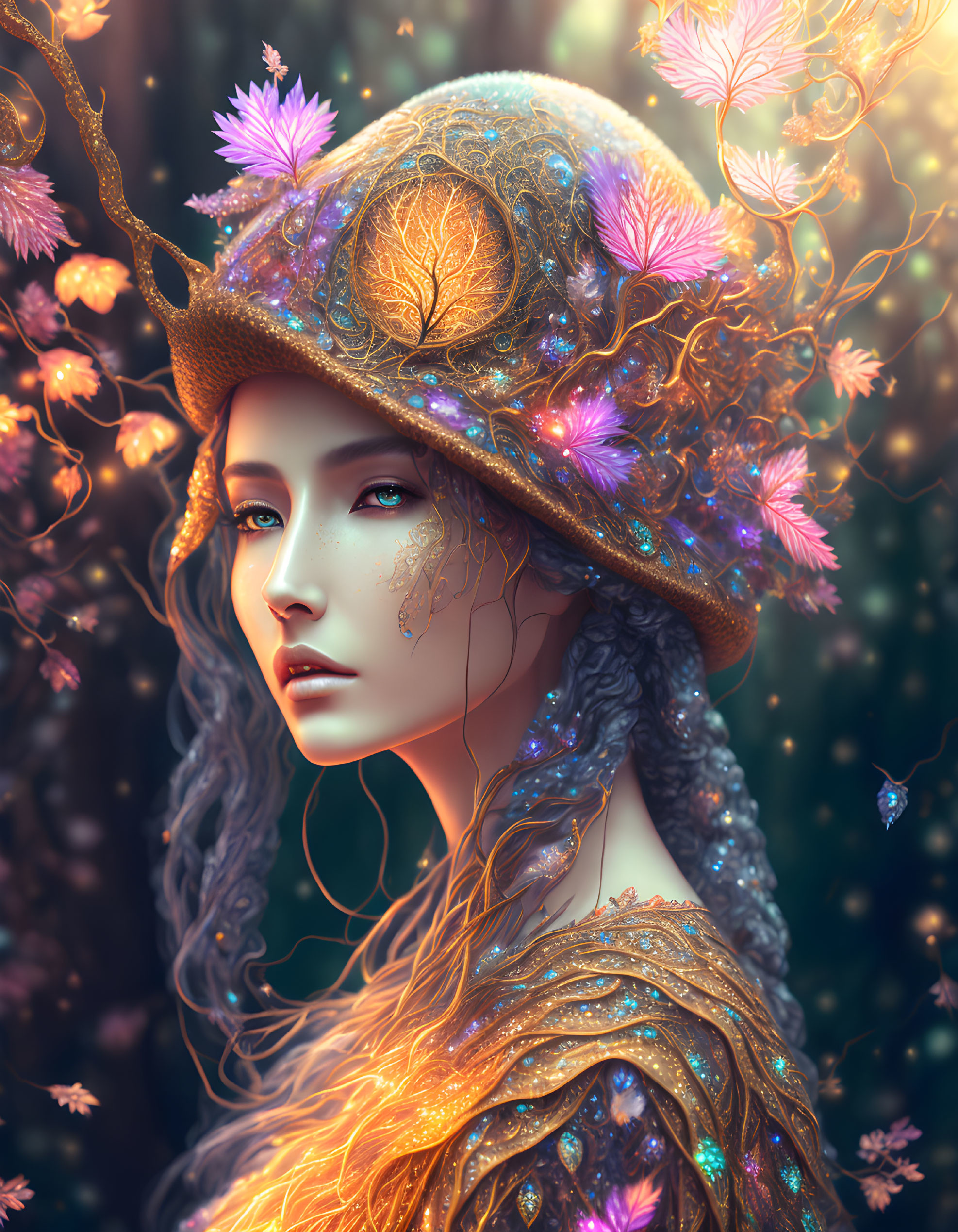 Portrait of woman with ornate hat, glowing butterflies, and autumn leaves in fantastical setting