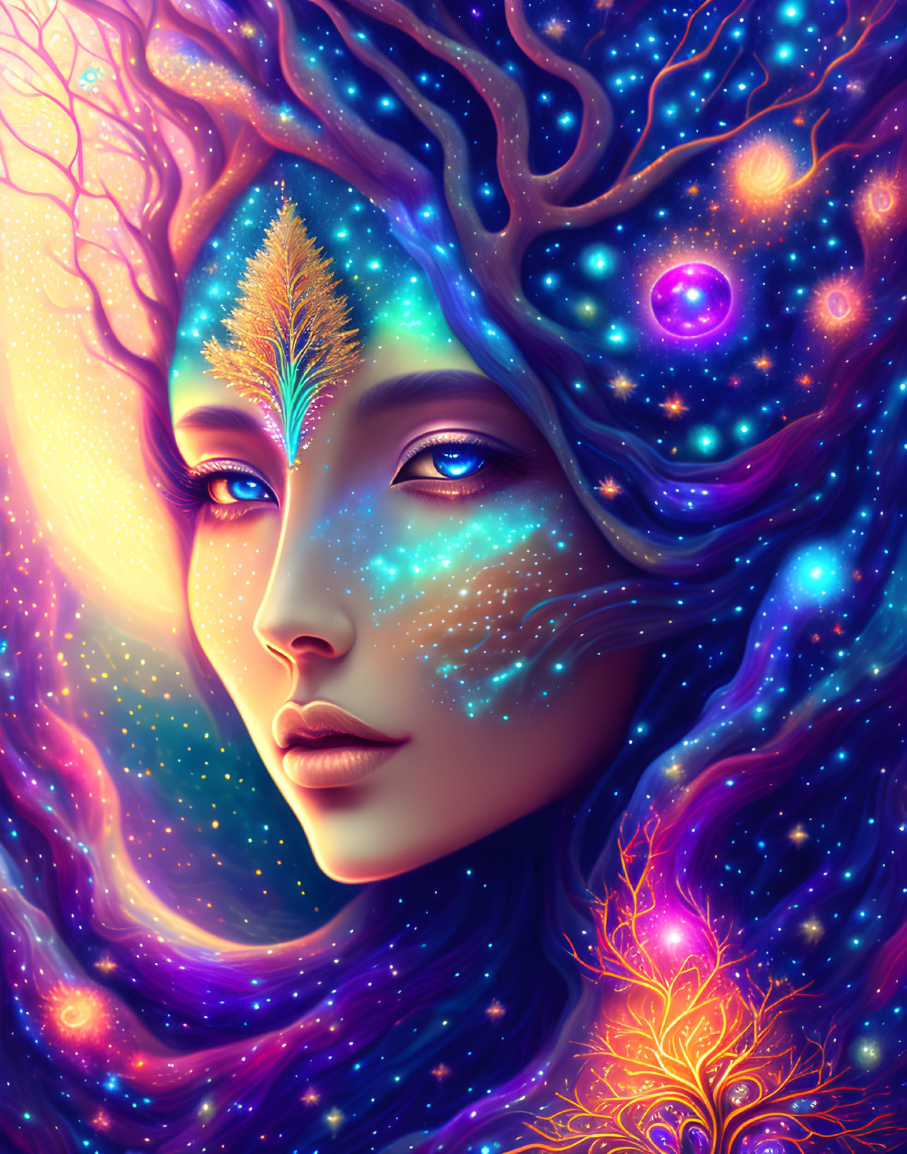 Illustration of woman with cosmic theme, tree branch pattern, celestial bodies, purple and blue hues,