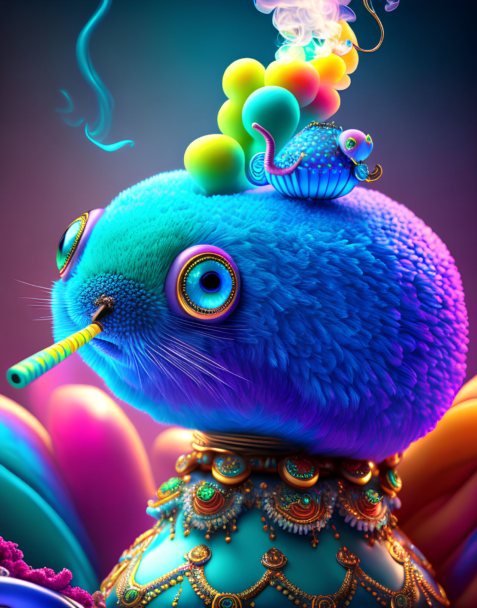 Vibrant blue fur creature with large eyes and whimsical adornments