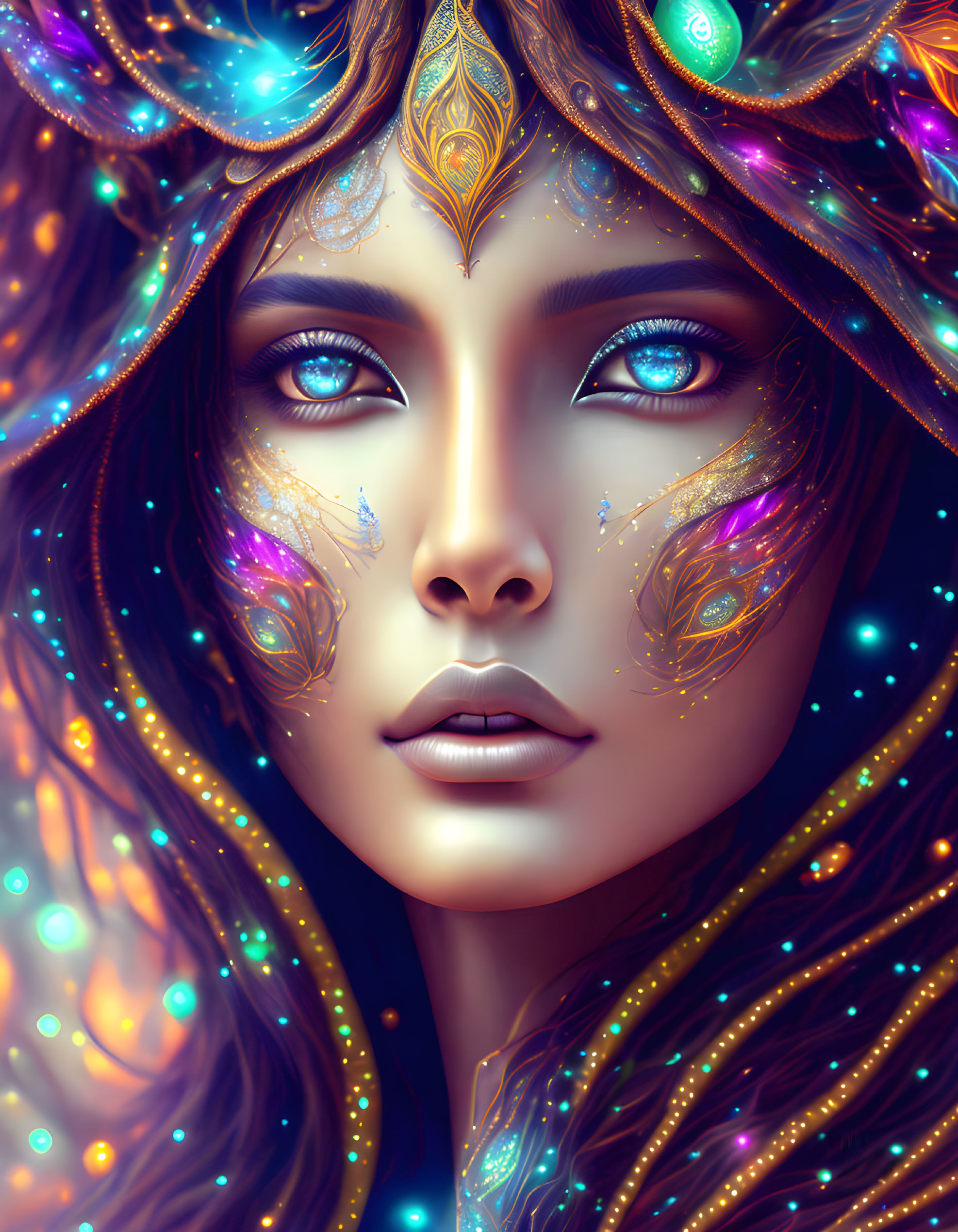 Ethereal woman with ornate headgear in cosmic setting