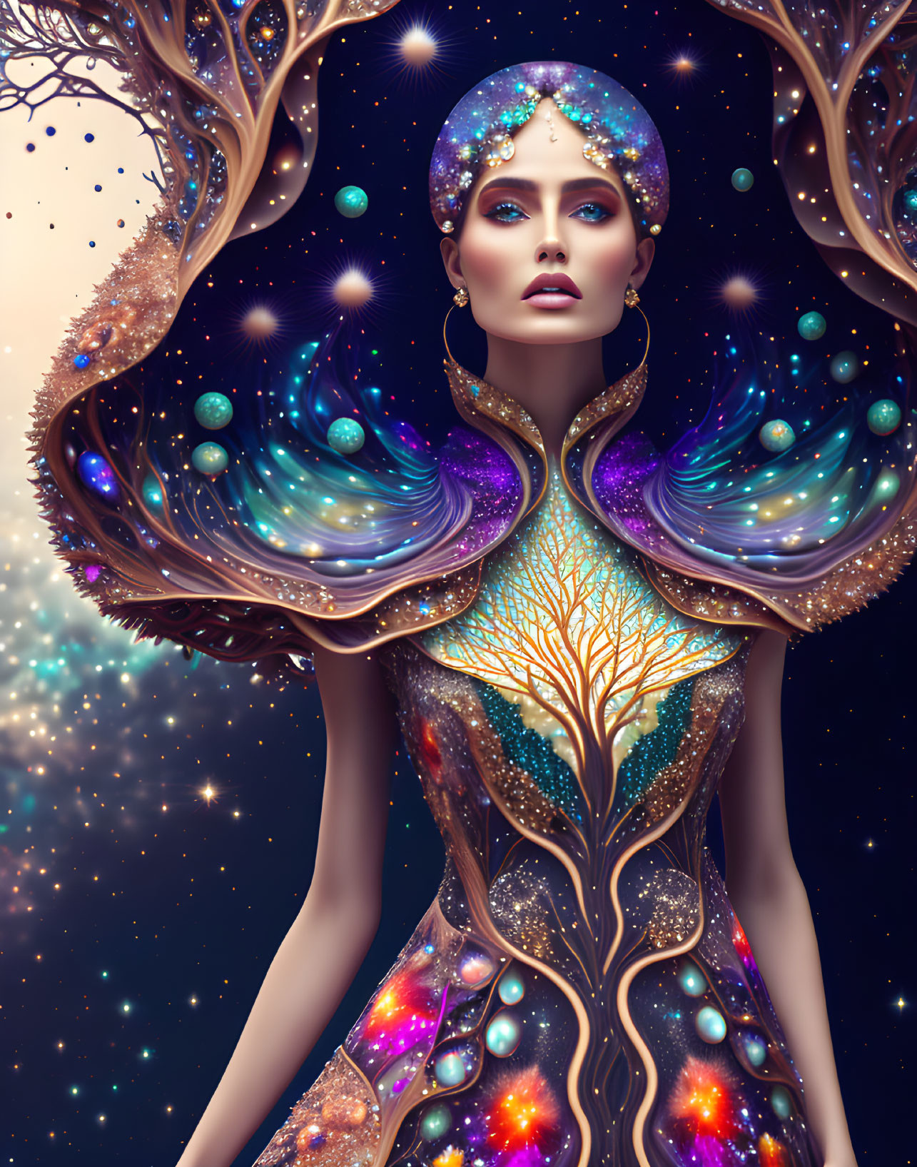 Surreal portrait of woman with cosmic and nature elements