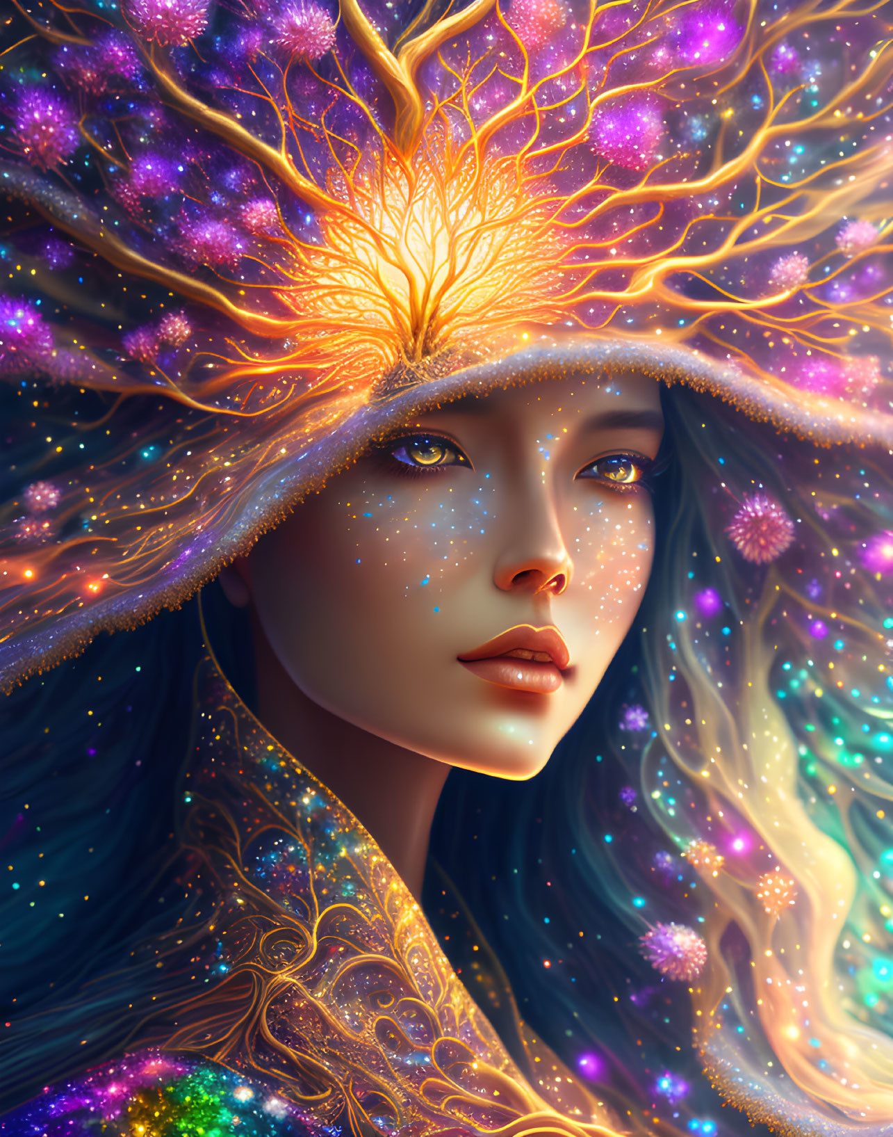 Illustration of woman with glowing tree crown and cosmic aura