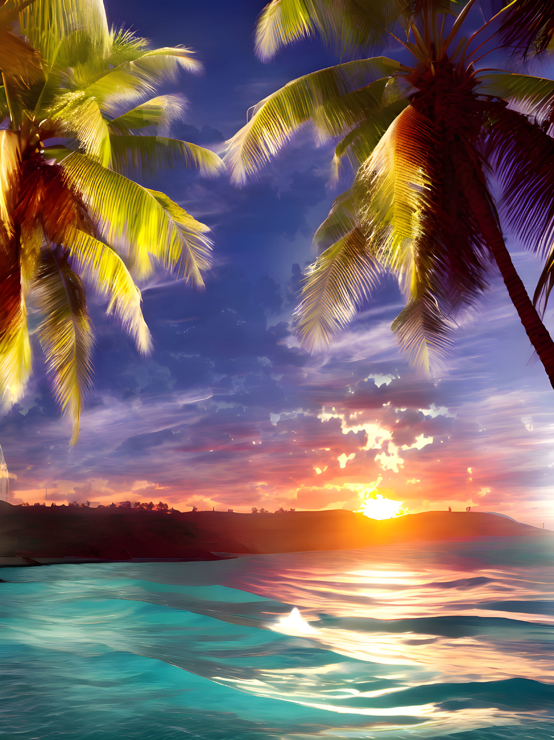 Vibrant tropical sunset with silhouetted palm trees and calm ocean waters