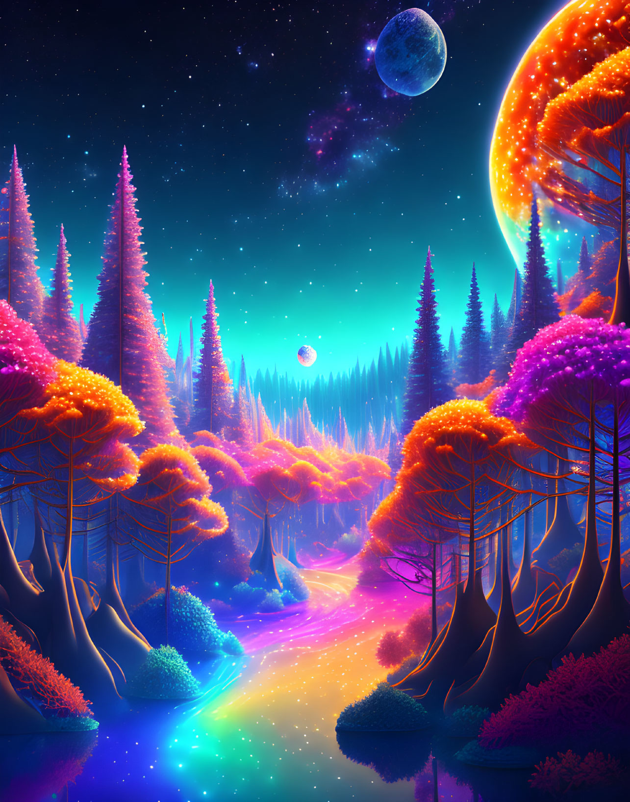 Fantasy landscape: Vibrant night scene with neon-lit trees, reflective river, and dual moons