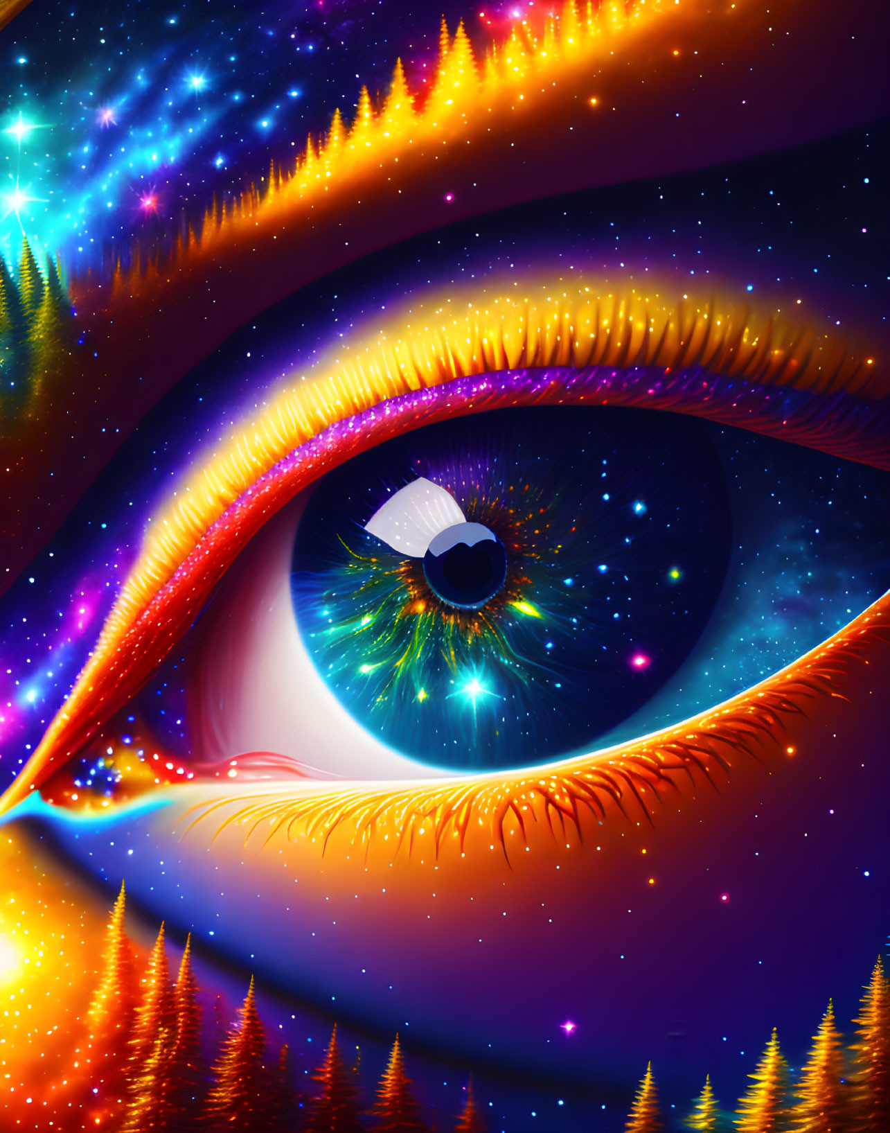 Colorful digital art: Cosmic eye with galaxy reflection, surrounded by landscapes.