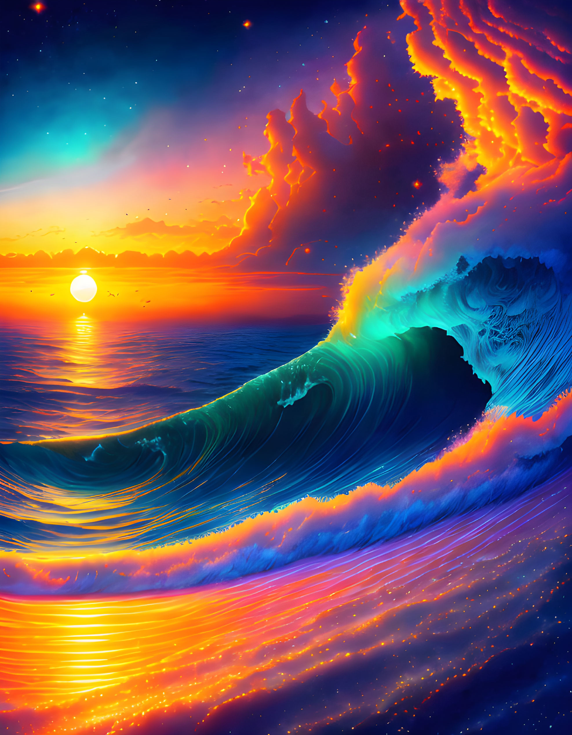 Vibrant digital art: sunset with fiery wave blending into starry night sky